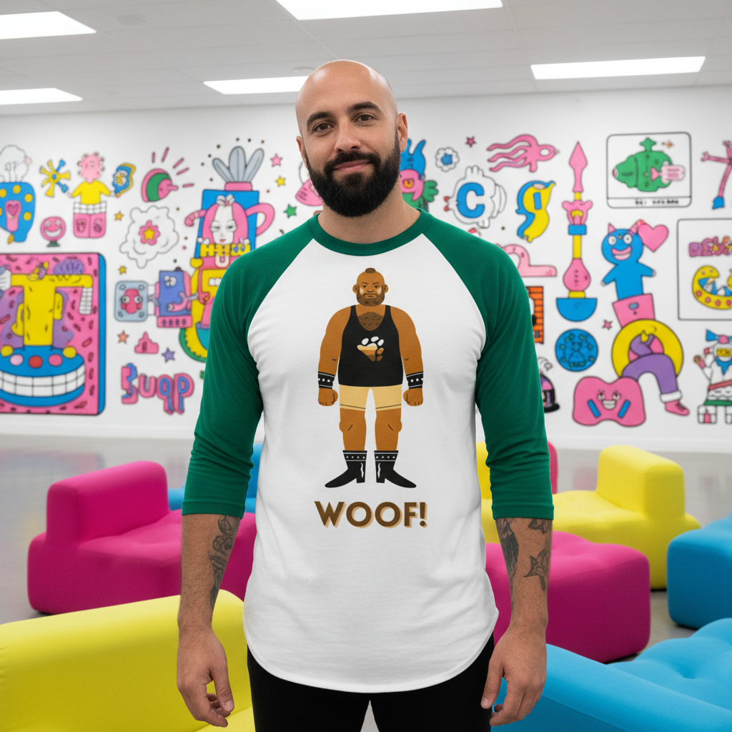 Front-facing model wearing a white-and-green raglan shirt with a bear illustration and “WOOF!”