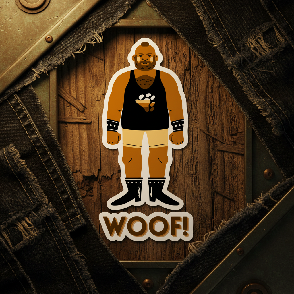 Woof! Gay Bear Bubble-Free Sticker: cartoon dark-skinned bear in black tank top with paw print, tan shorts, “WOOF!” on wood