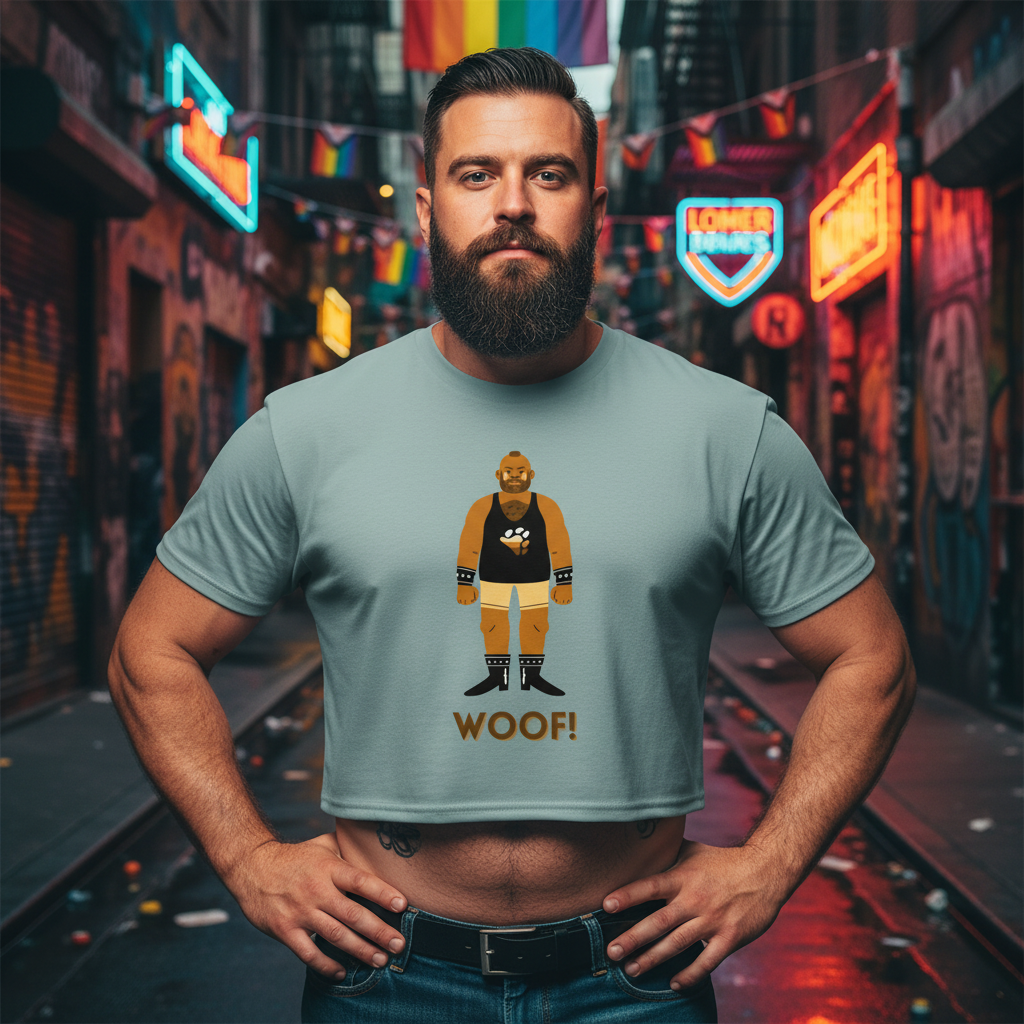 Woof! Gay Bear Crop Top with “WOOF!” and a cartoon bear in kink gear