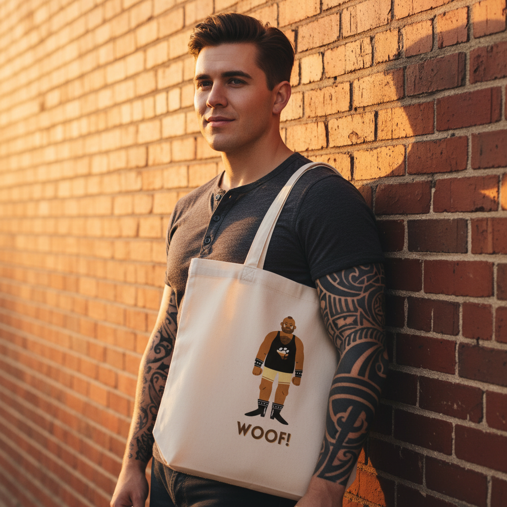 Person modeling a cream tote bag with a bear illustration and “WOOF!” text by a brick wall