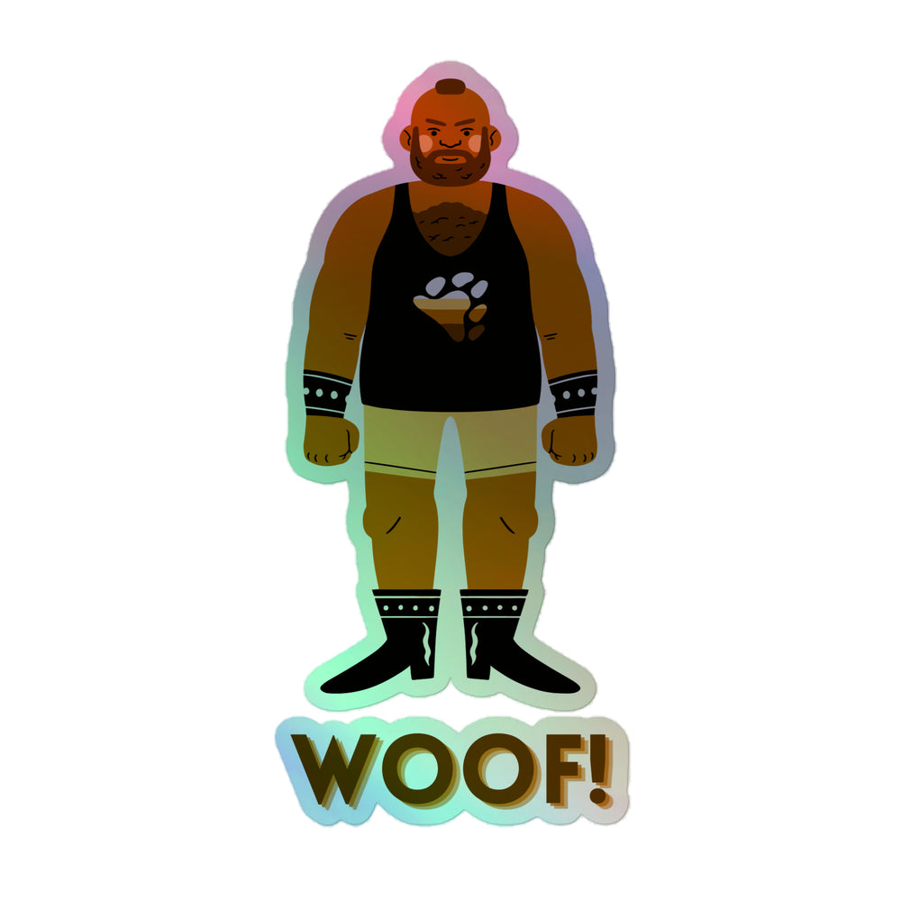 Sticker of a bearded bear man in a black tank top and boots above “WOOF!” lettering