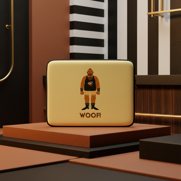 Laptop sleeve with a bold yellow design, featuring a leather-clad muscular bear man above “WOOF!” on a geometric platform.