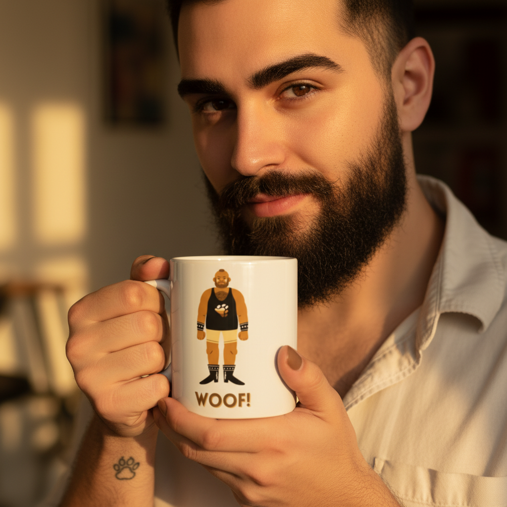 Bearded person holds a white mug showing a cartoon bear and “WOOF!” text