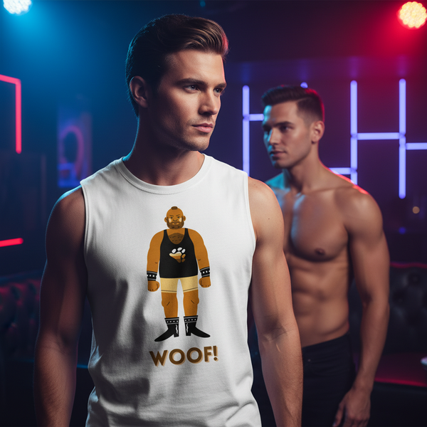 Woof! Gay Bear Muscle Top with cartoon wrestler and bold 