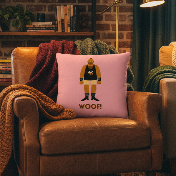 Leather armchair with knit blankets, holding a Woof!