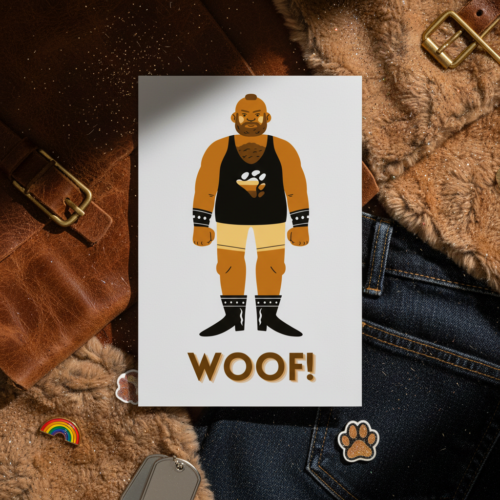 Woof! Gay Bear Postcard with a beefy illustrated person in boots, shorts, and paw print tank on brown fur and denim