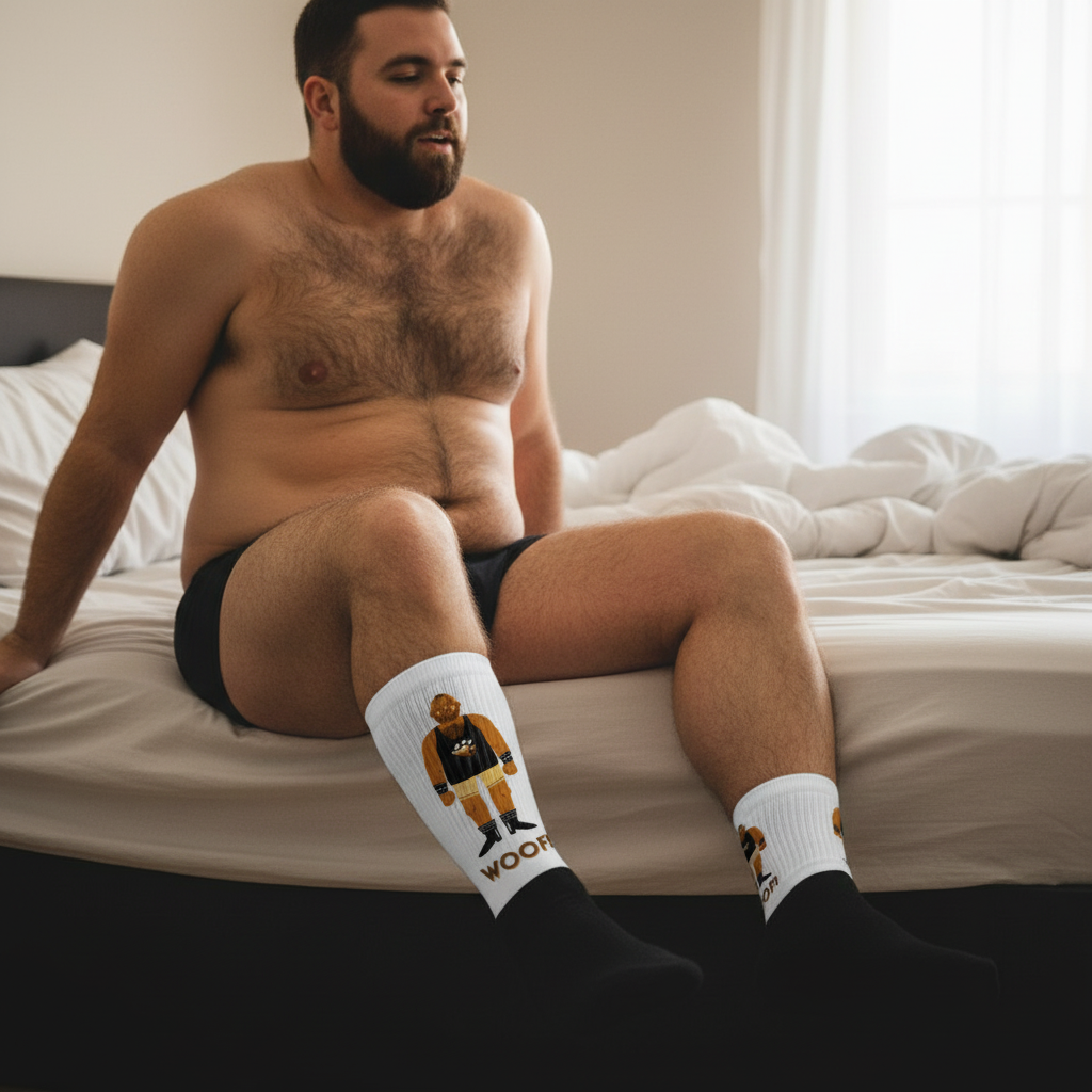 Shirtless bearded person sitting on a bed wearing white-and-black bear-print socks labeled “WOOF”