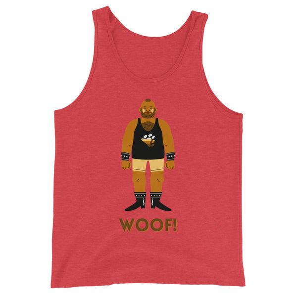 Red unisex tank top with “WOOF!” in bold under a cartoon beefy, bearded bear guy in boots and paw print gear; pride-ready.