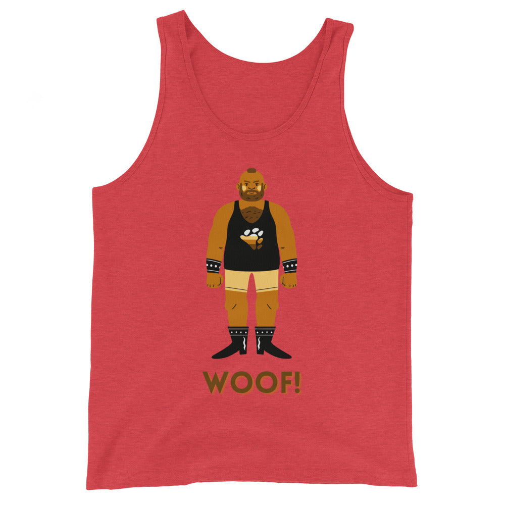 Red unisex tank top with “WOOF!” in bold under a cartoon beefy, bearded bear guy in boots and paw print gear; pride-ready.
