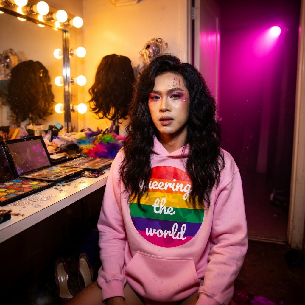 Queering The World Unisex Hoodie with rainbow graphic and “queering the world” slogan, worn in purple-lit queer dressing room.