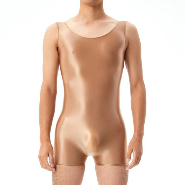 Front-view model wearing a shiny tan sleeveless wrestling bodysuit
