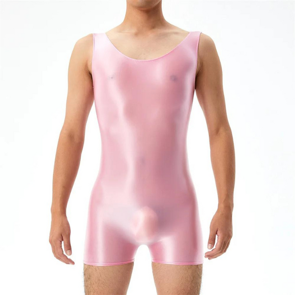 Front view of a person wearing a glossy pink sleeveless wrestling bodysuit