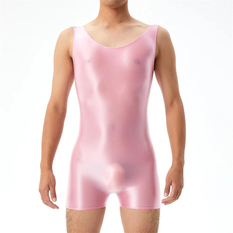 Front view of a person wearing a glossy pink sleeveless wrestling bodysuit