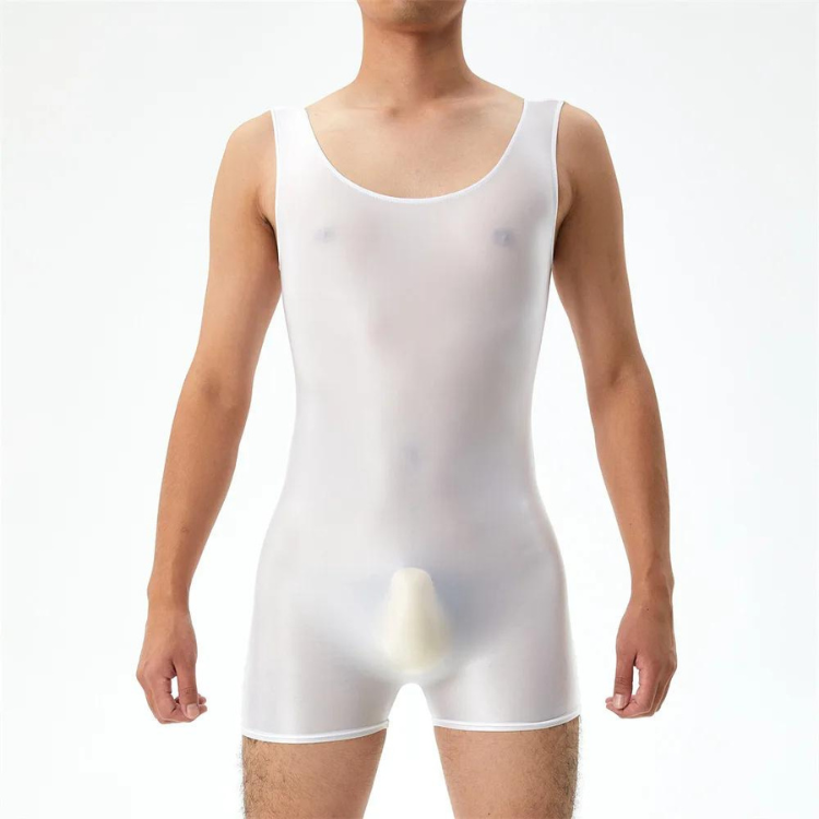 Front view of a person modeling a sheer white sleeveless wrestling bodysuit