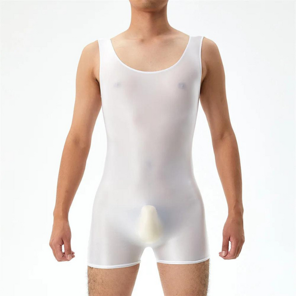 Front view of a person modeling a sheer white sleeveless wrestling bodysuit