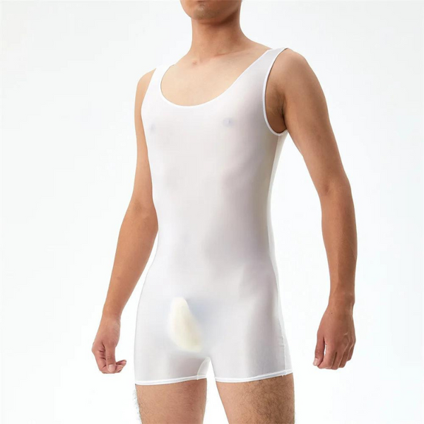 Front view of a model wearing a white sleeveless wrestling-style bodysuit