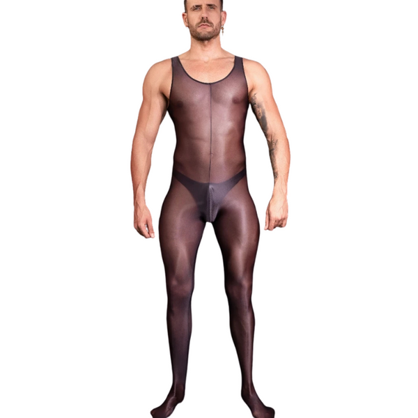 Front-facing model wearing a sheer black sleeveless mesh jumpsuit with attached feet