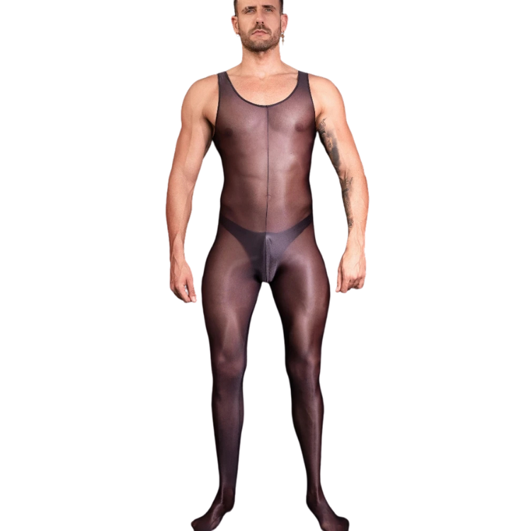 Front-facing model wearing a sheer black sleeveless mesh jumpsuit with attached feet