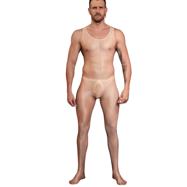 Front-facing model wearing a sheer nude mesh full-body jumpsuit