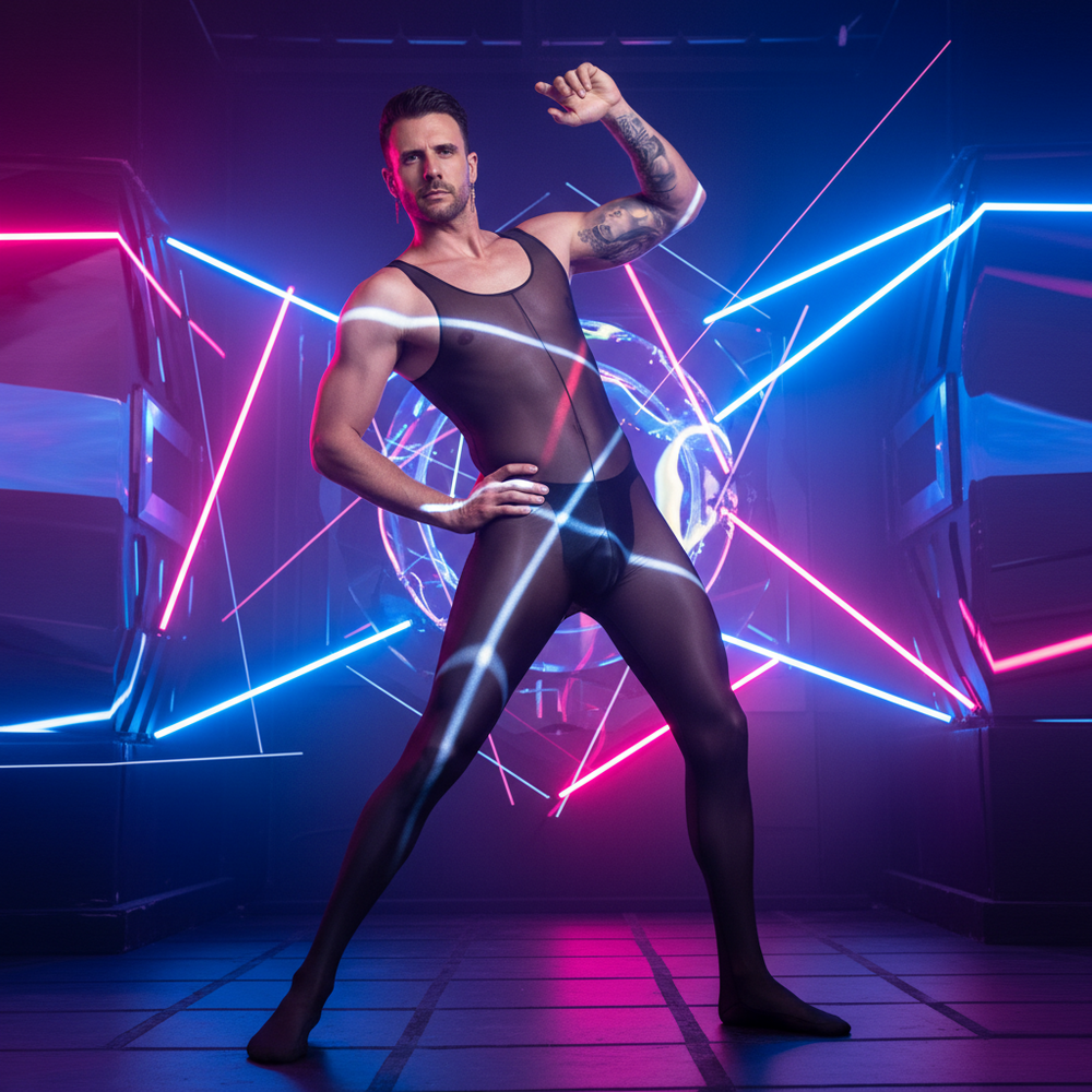 X-Ray Vision Mesh Fantasy Jumpsuit in pink and blue neon lights, worn by a person posing confidently