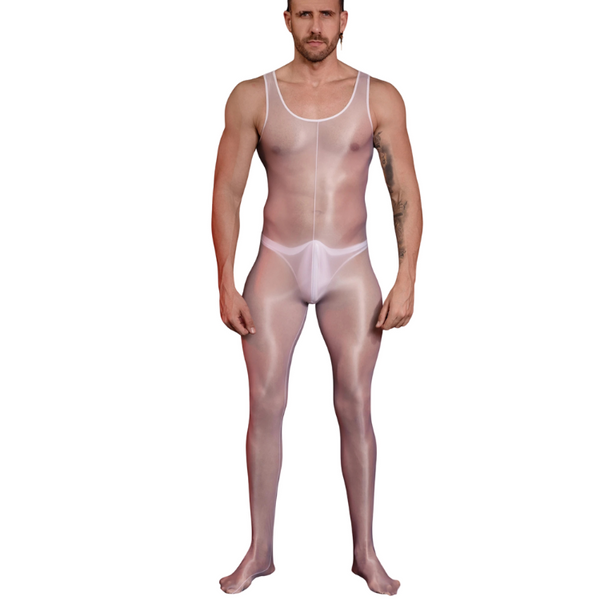 Front view of a person wearing a sheer white sleeveless mesh jumpsuit with thong brief