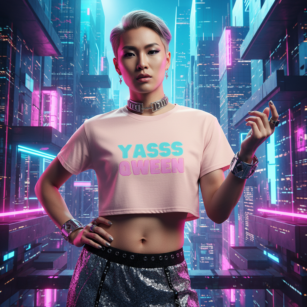 Yas Qween! Crop Top in light pink, worn queer by a short-haired person with a metallic silver skirt, chunky jewelry