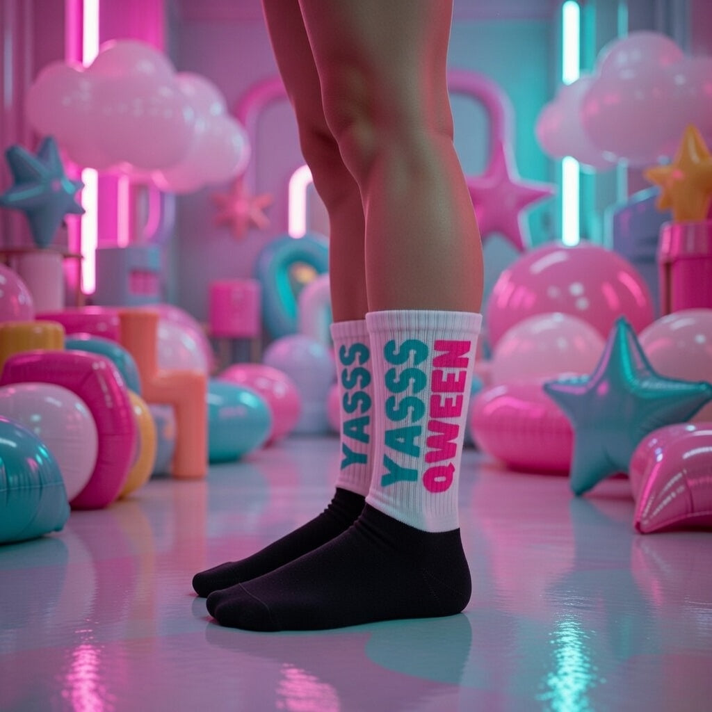 Crew-length Yas Qween! socks and white leg warmers with bold blue and pink “YASSS QUEEN” lettering, lit by neon pride vibes.