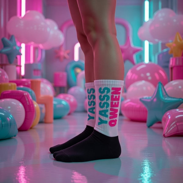 Crew-length Yas Qween! socks and white leg warmers with bold blue and pink “YASSS QUEEN” lettering, lit by neon pride vibes.