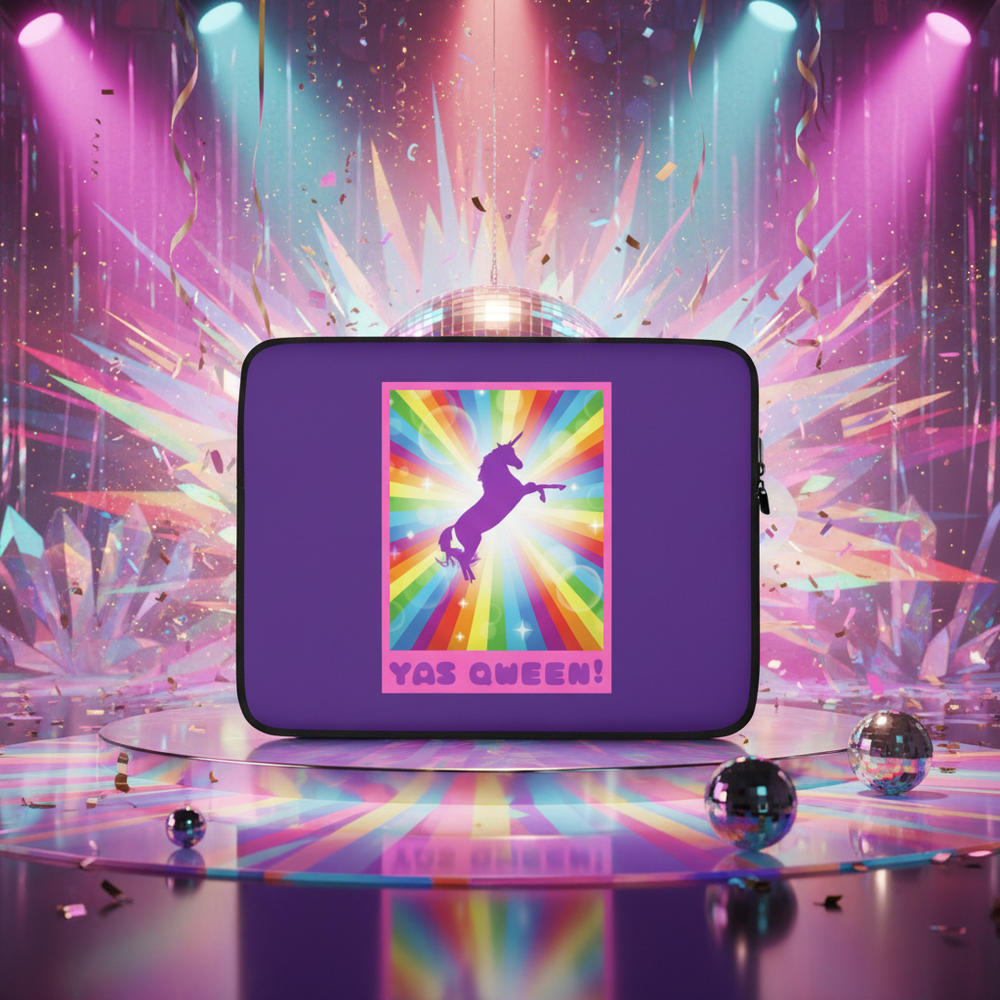 Laptop sleeve with bold purple backdrop, rainbow burst, black unicorn, “YAS QUEEN!” pink text, disco balls, lights
