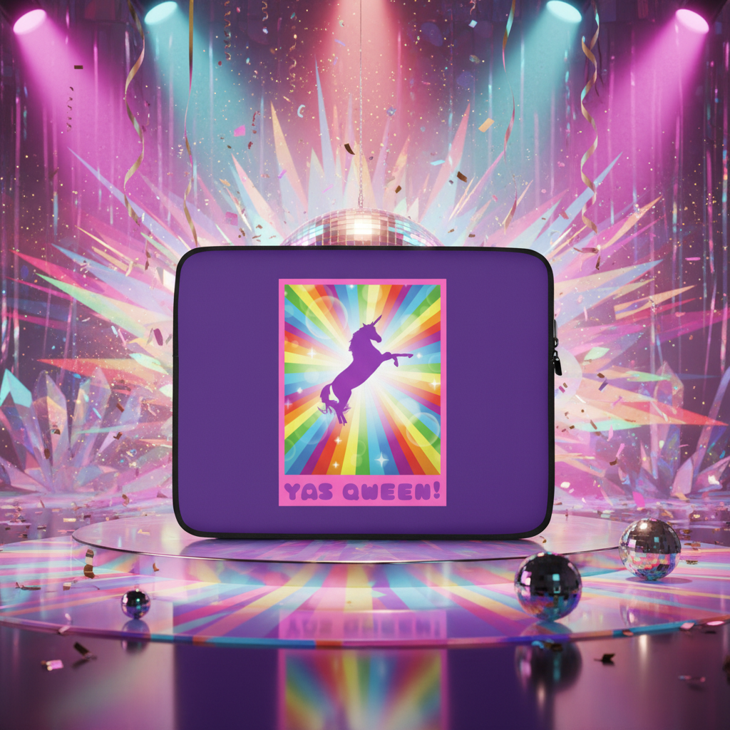 Laptop sleeve with bold purple backdrop, rainbow burst, black unicorn, “YAS QUEEN!” pink text, disco balls, lights