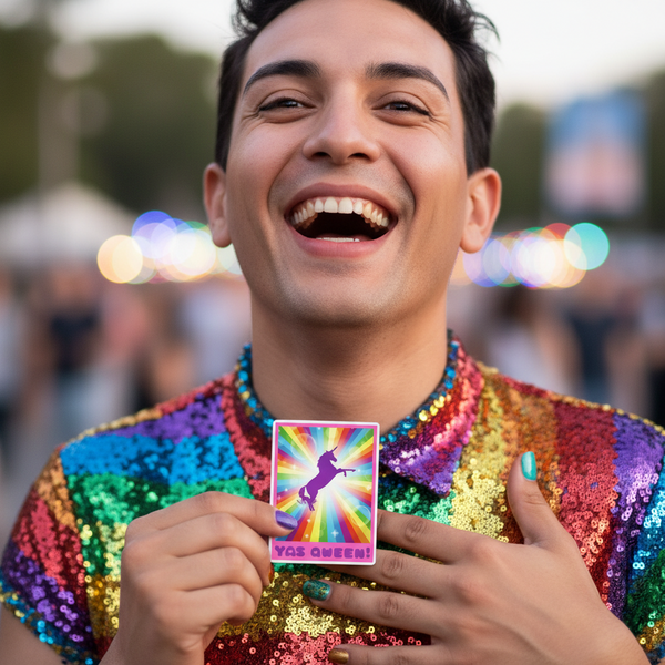 Yas Qween! Magnet with a unicorn silhouette, rainbow rays