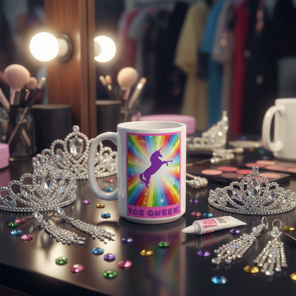 White mug with a rainbow unicorn graphic and “YAS QWEEN!” on a vanity table