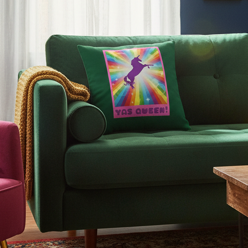 Green sofa with plush cushion and "Yas Qween!" pillow, featuring a black cat on rainbow burst, purple text