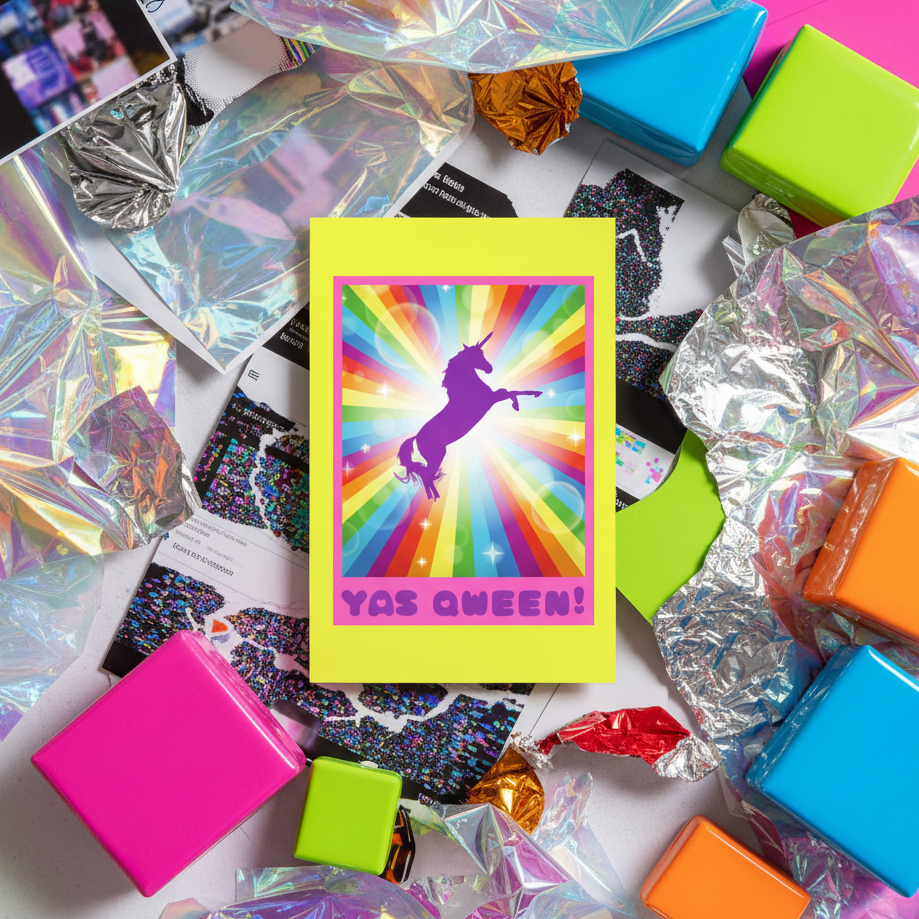 Pride postcard with black unicorn on a rainbow burst, “YAS QWEEN!” text, colorful gift boxes