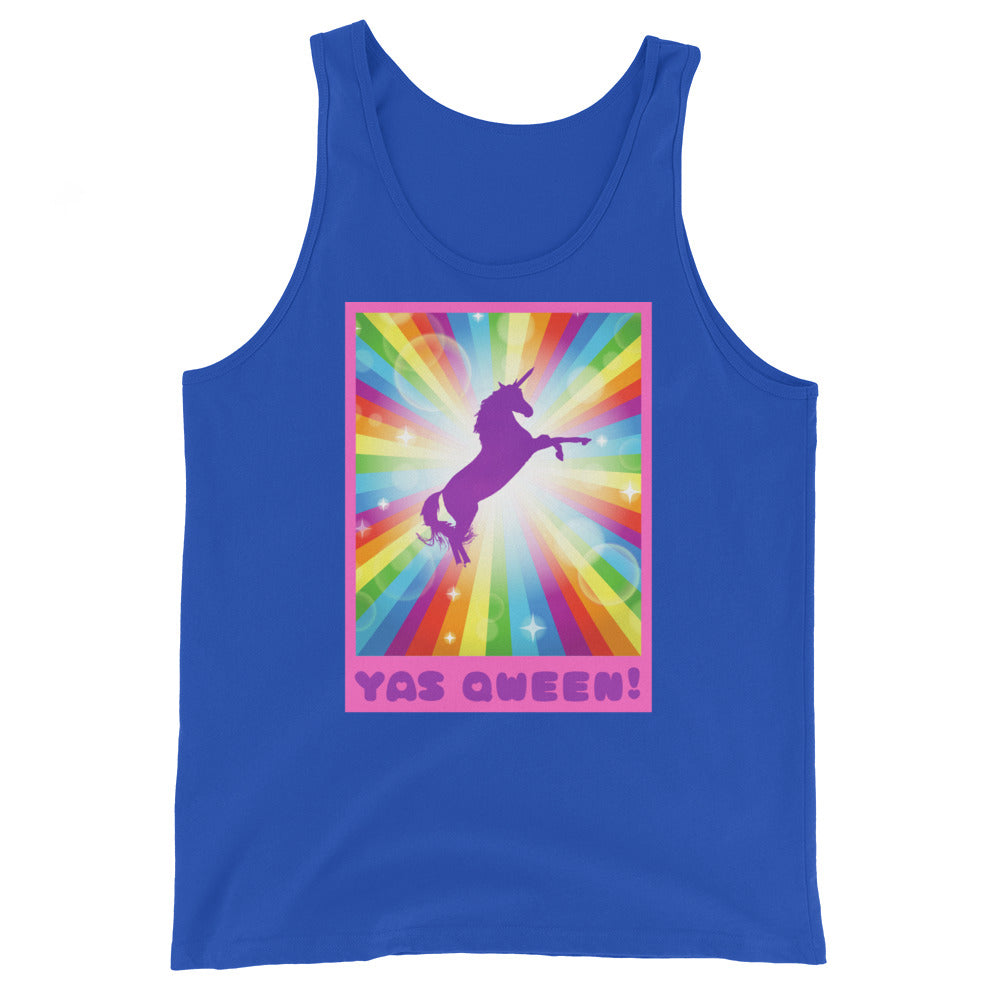 Blue tank top with a rainbow unicorn graphic and “YAS QWEEN!” text