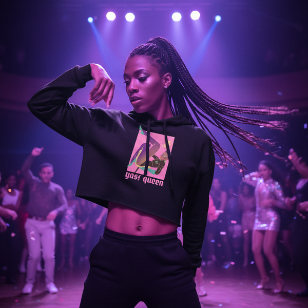 Yass Queen Crop Hoodie with a vibrant graphic and bold “Yass Queen” slogan