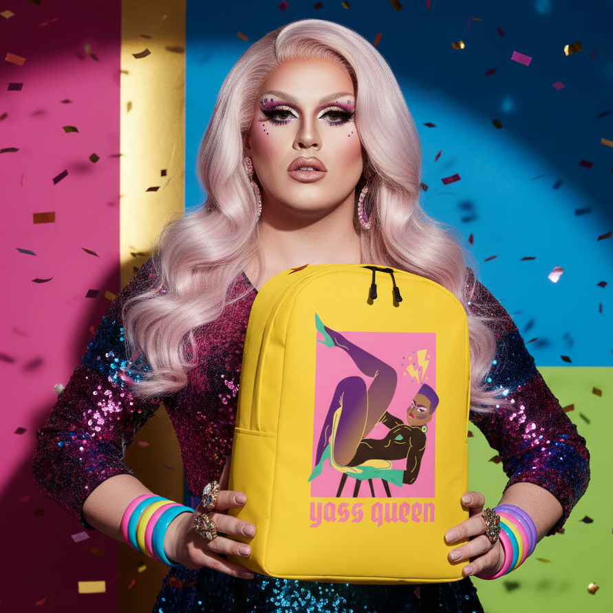 Yass Queen Minimalist Backpack with “yass queen” text, an illustrated figure