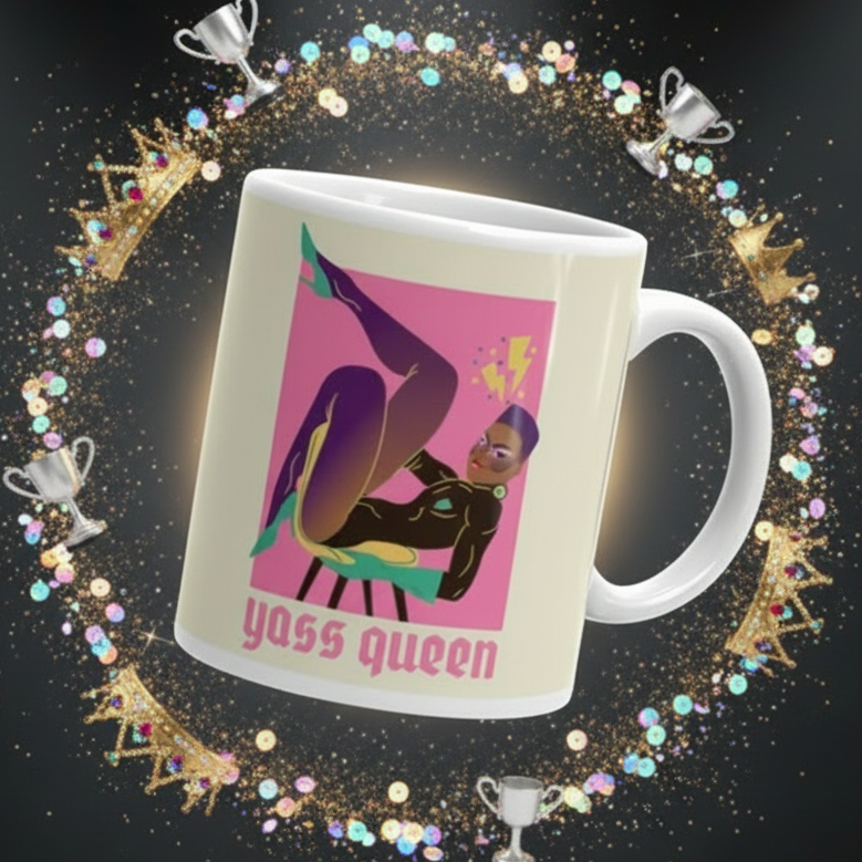 White mug with a reclining illustrated figure and pink “Yass Queen” lettering