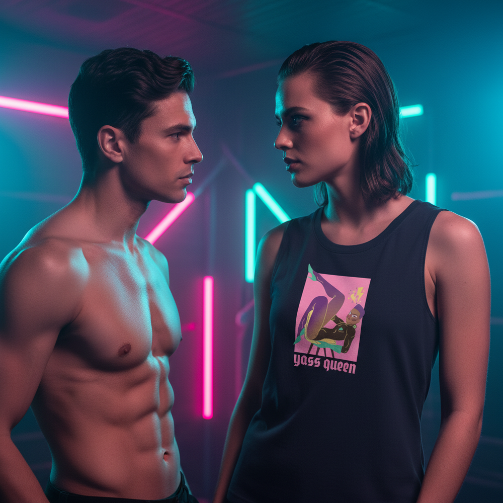 Relaxed fit Yass Queen Muscle Top, bold “yass queen” graphic, worn by a person under neon pink and blue club lights