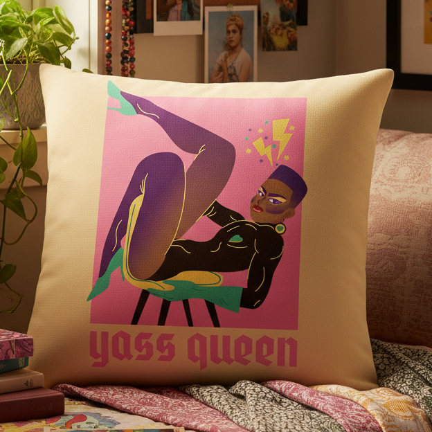 Yass Queen Pillow for queer decor features a bold, short-haired figure with dramatic makeup, lightning bolts