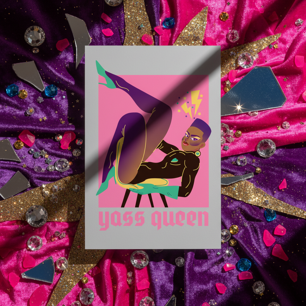Yass Queen Postcard featuring a bold black and yellow figure on a chair, lightning, "yass queen" text, purple-pink satin