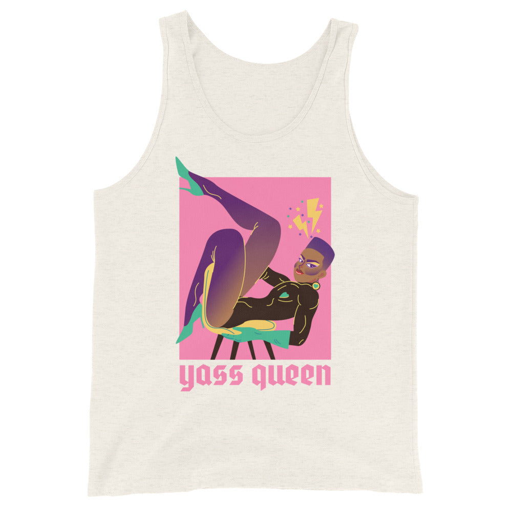 Unisex tank top with “yass queen”, bold figure in black, green heels, purple hair