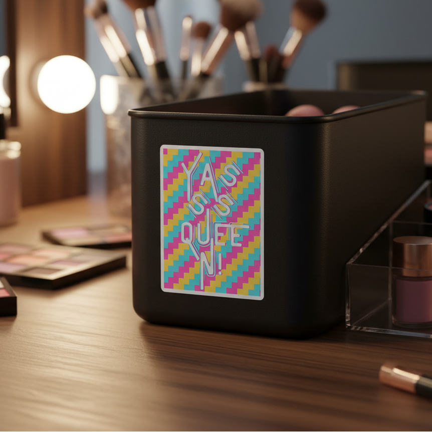 Black makeup organizer with a bold "Yasss Queen" sticker on a wood vanity