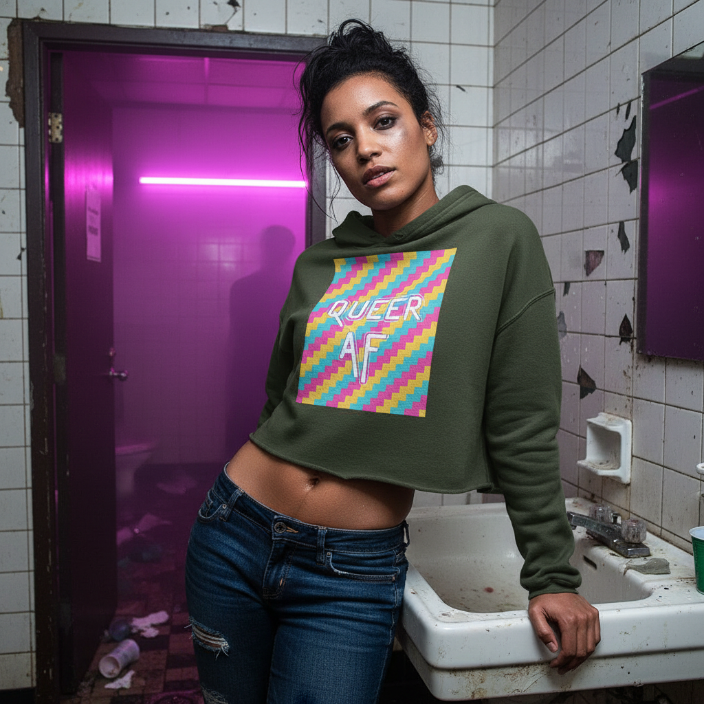 Yasss Queen Crop Hoodie in a grungy tiled bathroom, person with dark hair leans on dirty sink; purple neon glows behind