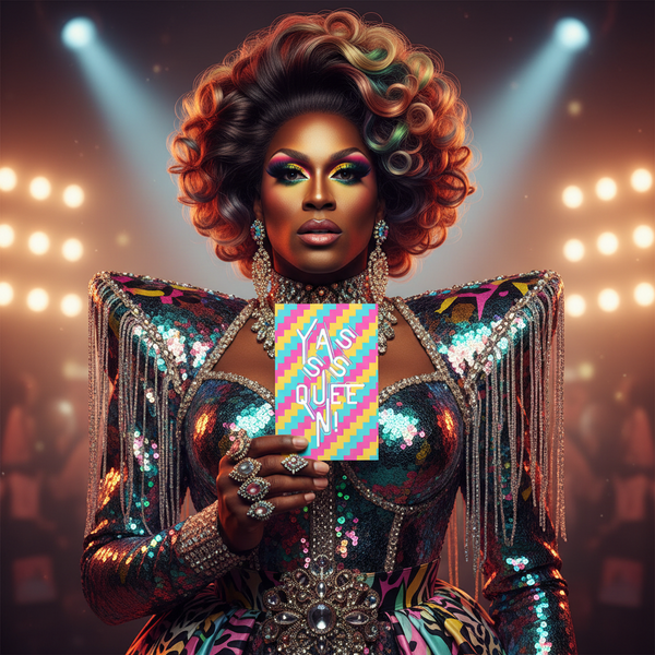 Yasss Queen Postcard with a vibrant geometric pattern, held by a drag queen in glittery attire and bold makeup