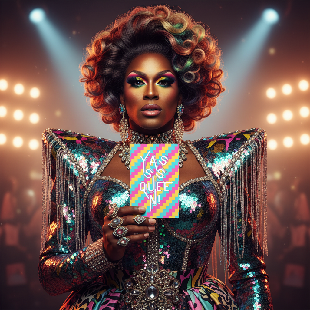 Yasss Queen Postcard with a vibrant geometric pattern, held by a drag queen in glittery attire and bold makeup