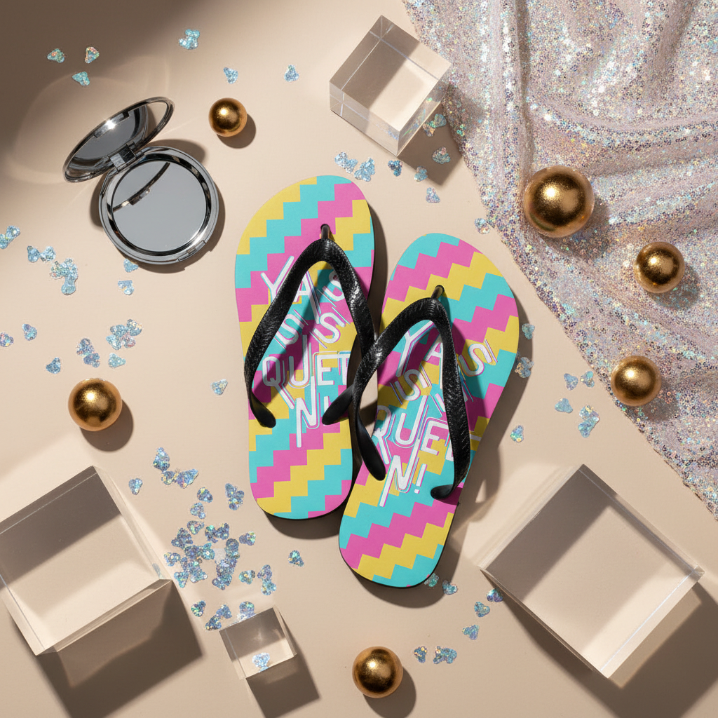 Yasss Queen Flip-Flops with a bold rainbow zigzag pattern and black straps, laid on beige with gold balls, gems
