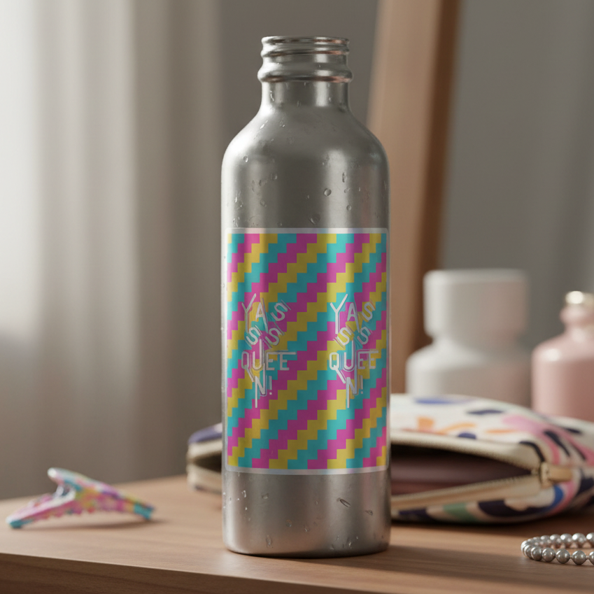 Metallic water bottle with condensation on wood, rocking a "Yasss Queen" holographic rainbow zigzag sticker