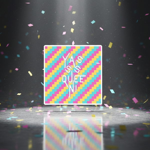Yasss Queen Magnet: square with pink, yellow, blue, and green diagonal stripes, 