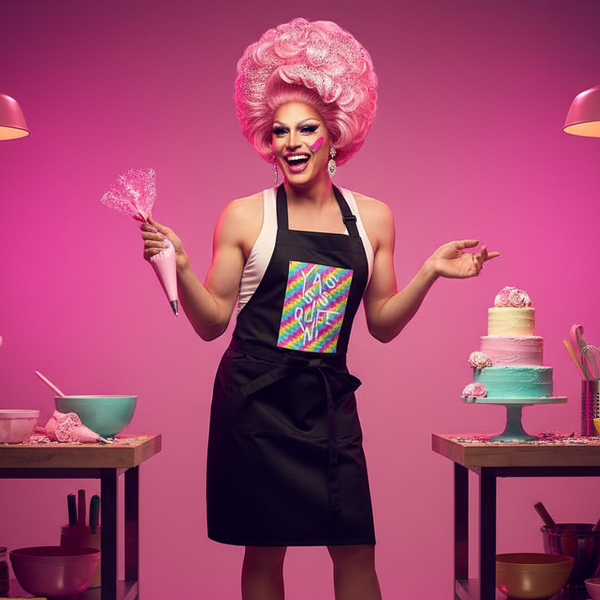 Drag performer in a black apron with a colorful patch holds a piping bag beside decorated cakes